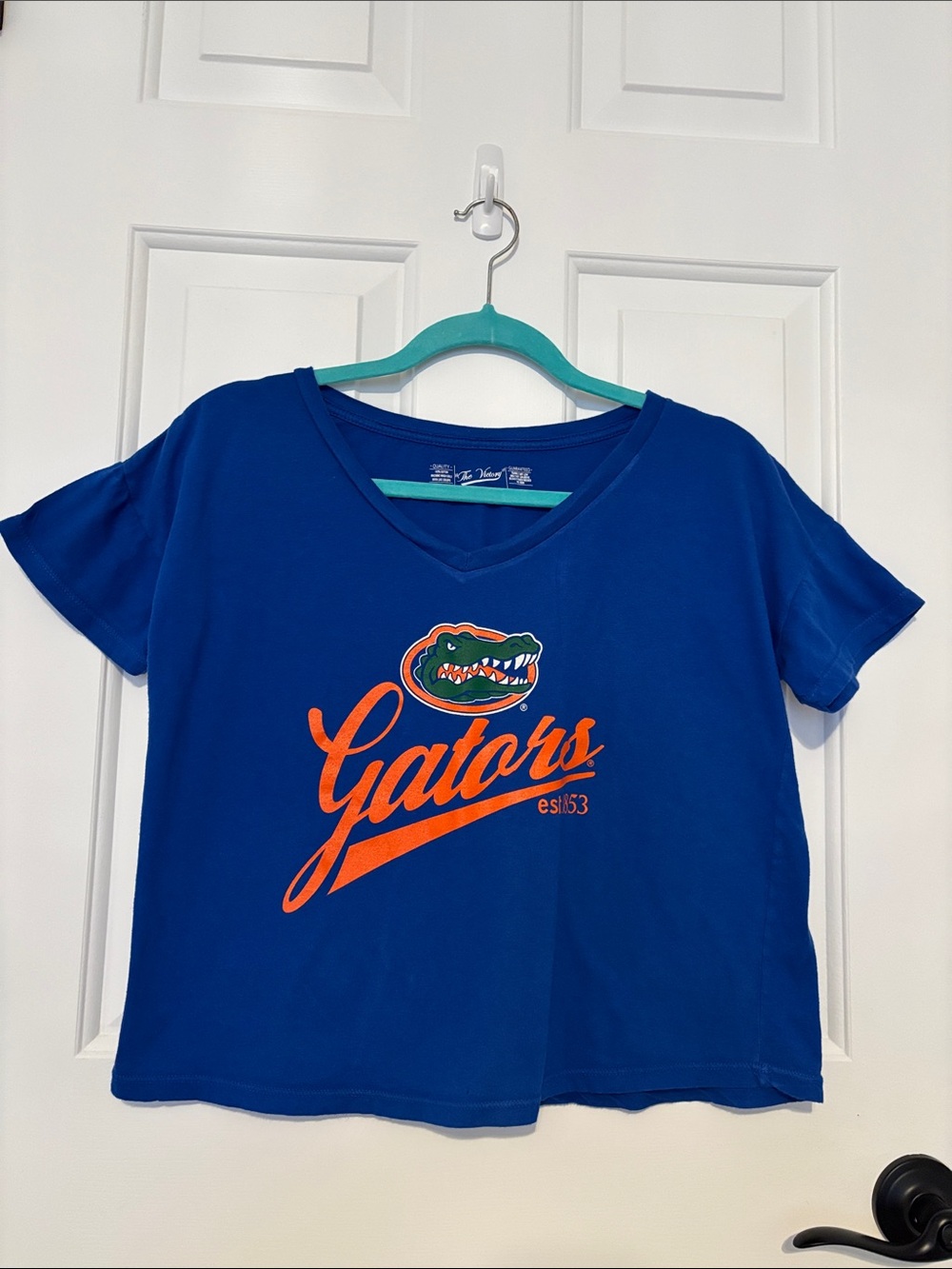 Blue Florida Gators V-Neck Crop Tee with Orange Logo